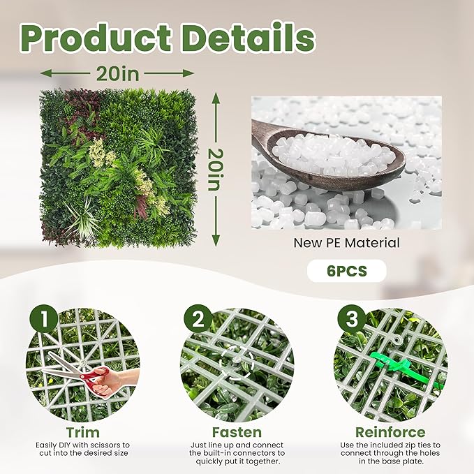 DOPGIB Artificial Grass Wall Boxwood Plant Panel: 20"x20"(6P) UV Resistant Green Leaves Faux for Interior Wall Backdrop,Garden and Indoor Outdoor Wall&Fence Covering Privacy，Party Wall Fence Decor
