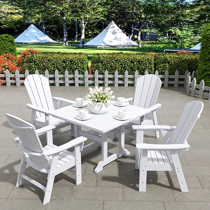 WestinTrends Malibu 5 Piece Adirondack Outdoor Dining Set, All Weather Poly Lumber Patio Table and Chairs Furniture Set, 43" Trestle Square Dining Table and 4 Adirondack Dining Chair, White