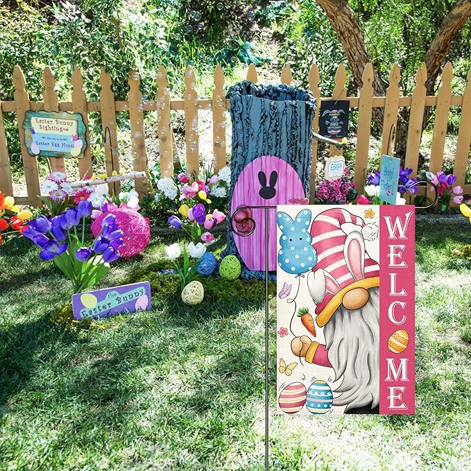 Welcome Easter Gnome Garden Flag 12×18 Inch Double Sided Vertical Spring Yard Outdoor Holiday Yard Lawn Garden Banner (Easter Garden Flag)