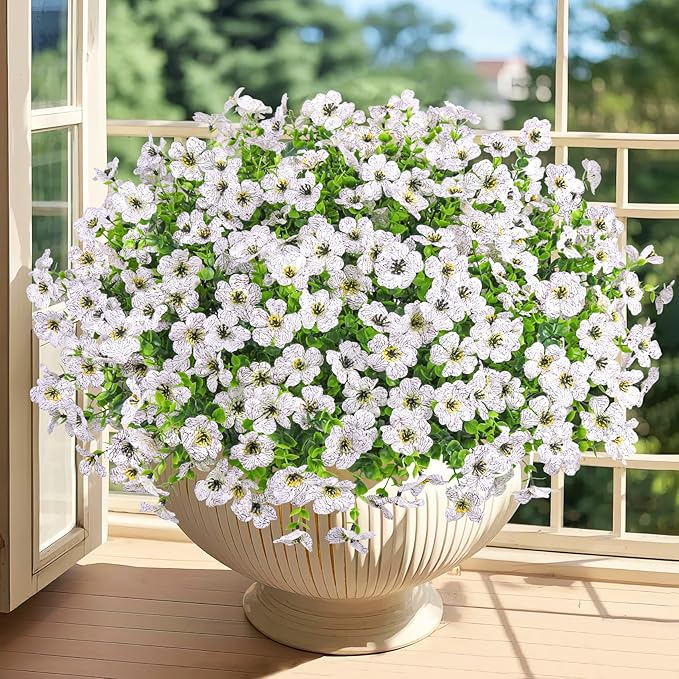 Besteek 20 Bundles Artificial Flowers for Outdoors Decoration Fake Silk Flowers UV Resistant Faux Plants Artificial Daisy Eucalyptus for Spring Summer Garden Yard Porch Window Home Decor, White
