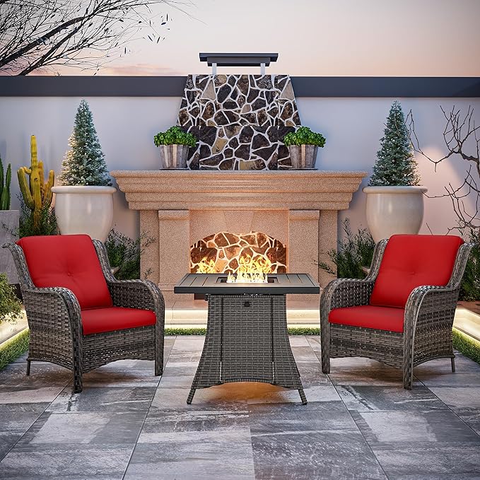 Joyside 3 Piece Wicker Patio Furniture Set with Fire Pit Table, Rattan Patio Chairs with High Back, Deep Seating, Wide Armrest, Thickened Cushions, Outdoor Furniture for Deck, Porch Use