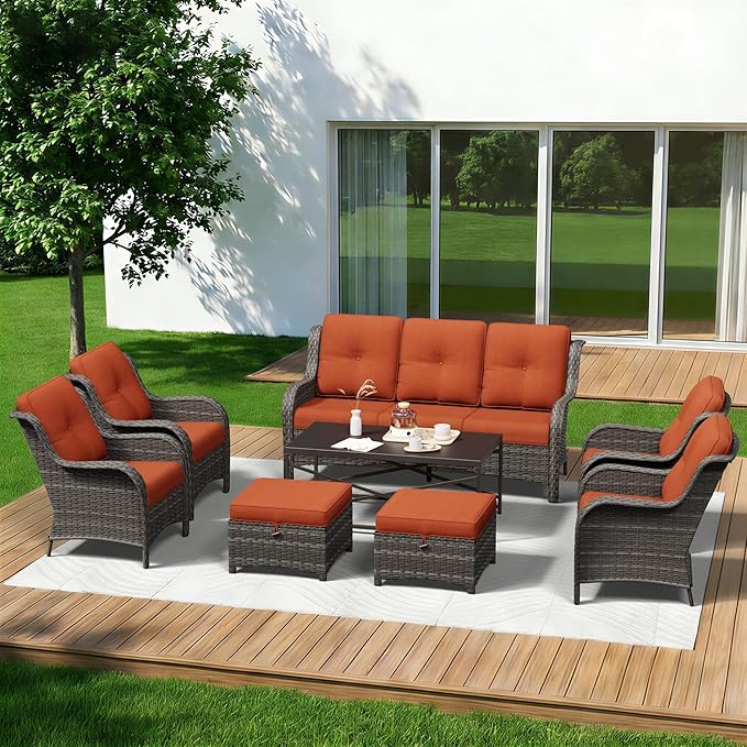 8 Piece Outdoor Wicker Patio Furniture Set, Patio Chairs Set with Thickened Olefin Cushions, High Back and Deep Seating, Hand-Woven PE Rattan, Ottoman for Porch, Deck