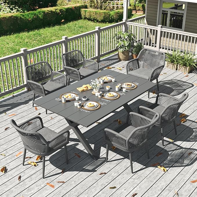 LayinSun Outdoor Dining Set for 6, 7 Pieces Patio Furniture Sets with Aluminum Dining Table and Rope Weave Chairs