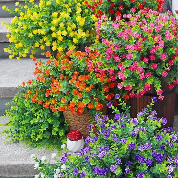 BCBLF Artificial Flowers for Outdoors, Faux Flowers for Outdoor planters, 12 Bundles Fake Flowers UV-Anti for Decoration, Outdoor Faux Plants, Orange+Red