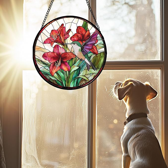 AMDERVEN Stained Glass Window Hanging - Hummingbird On Red Lily Flower Sun Catcher for Door Garden Decor Suncatcher Christmas Mother's Day Birthday Gifts for Bird Lovers Women Men Mom Nana 6.3 in