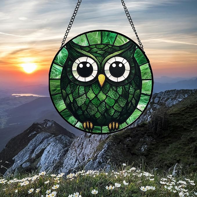 Stained Glass Window Hanging - Green Owl Suncatcher for Doors Garden Patio Funny Bird Sun Catchers Decor Christmas Mother's Day Birthday Teenager Gifts for Women Men Mom Nana Friend 6.3 in