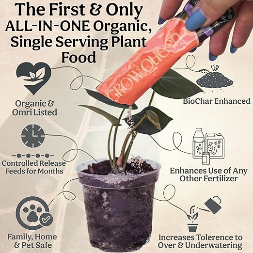 Grow Queen All-in-One Complete Organic Plant Food, Indoor Plant Food for Houseplants, Organic Fertilizer for Vegetable Gardens, 7 Formulated Single Servings Feeds 14 gal Fast and Slow Release