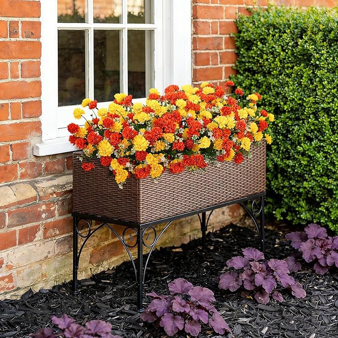 Ammyoo Artificial Flowers for Outdoors Decoration, 6 Bundles Silk Marigold Flower UV Resistant Look Real Faux Plants for Garden Porch Planter Patio Balcony Yard Home Decor (Yellow Orange)