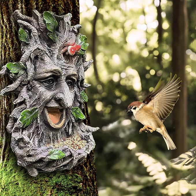 Teaeeno Charming Tree Face Garden Decor, Bird Feeders for Outdoors, Large Outdoor Tree Hugger for Halloween, Funny Animal Feeder, Trees Decoration Outdoor Wallmounted Statue