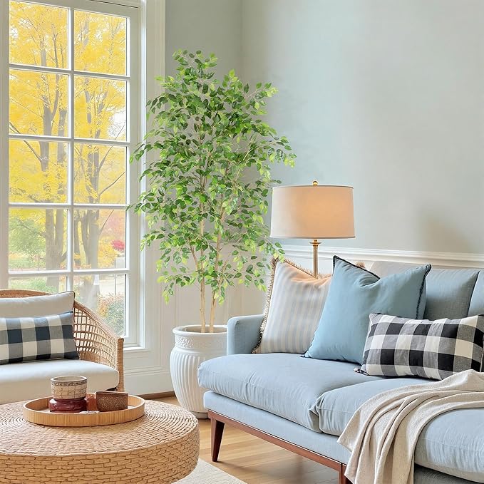 Tall UV Resistant Ficus Tree Artificial，6ft(72in) Faux Ficus Tree with Realistic Smooth and Shiny Leaves， Fake Trees Indoor Outdoor for Home Office Living Room Bedroom Foyer Porch Decor.
