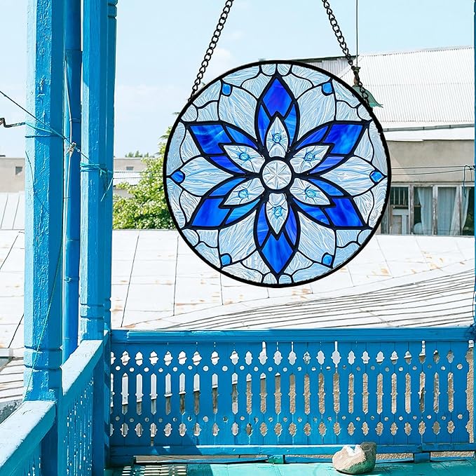 AMDERVEN Stained Glass Window Hanging, Blue Tiffany Style Flowers Sun Catcher for Window Door Home Decor Suncatcher Christmas Mother's Day Birthday Gifts for Women Men Mom and Nana 15 in