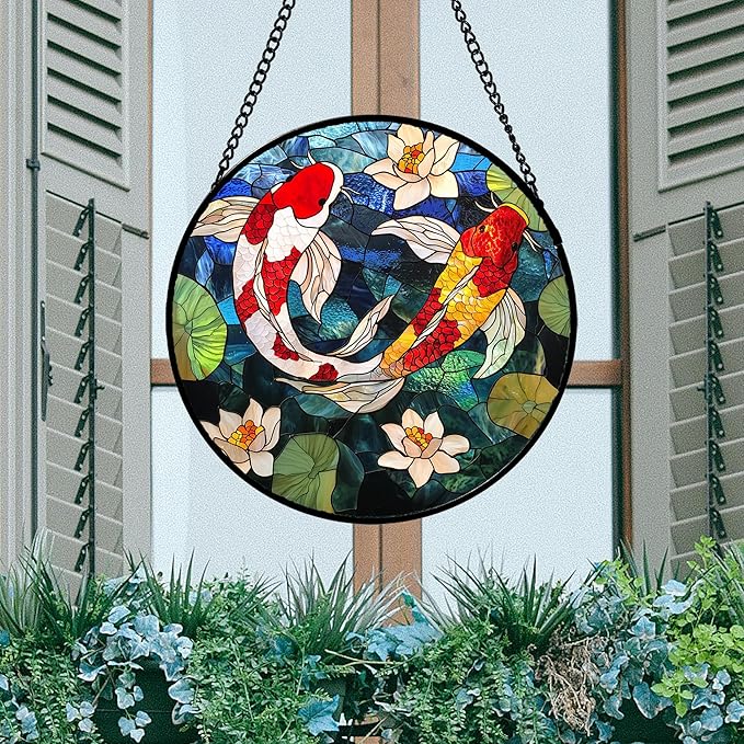 AMDERVEN Stained Glass Window Hanging, Koi and Lotus Sun Catcher for Door Home Decor Fish Suncatcher Christmas Mother's Day Birthday Gifts for Women Men Mom and Nana 11.8 in