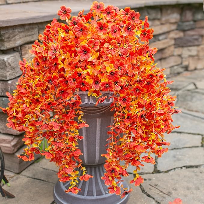 HyeFlora Fall Artificial Flowers for Outdoors Fake Silk Flower, 2Pcs Red Orange Daisy Autumn Decor, Realistic Hanging Decoration Plants, UV & Fading Resistant for Porch Patio Balcony Planter