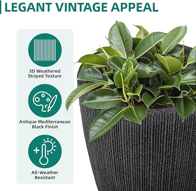 Ultym 19" H Mediterranean Planter for Indoor/Outdoor Plants, Set of 2 Large Flower Pot with Drainage Hole, Weather/UV Resistant Resin Planters for Garden Patio Porch Home Office Decor, Black Fluted