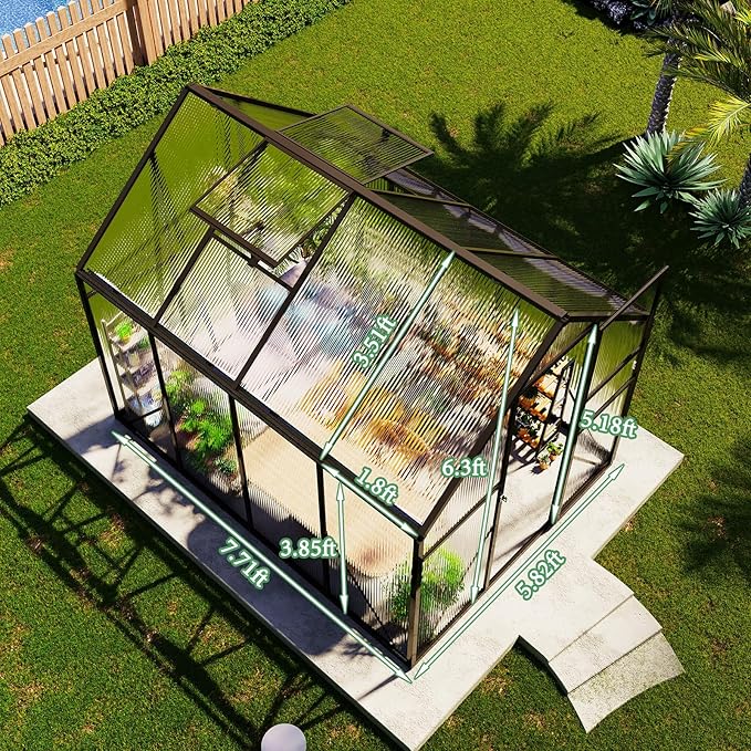 AMERLIFE 6x8x6.3 FT Ft Polycarbonate Greenhouse for Outdoors, Walk-in Design with Aluminum Frame, 2 Windows and Swing Door, Heavy-Duty Greenhouse Construction for Garden, Black