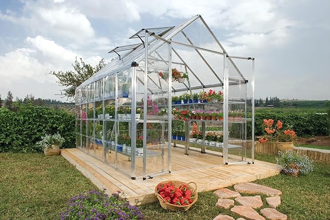 Palram - Canopia Snap & Grow 8 Ft. x 12 Ft. Greenhouse Kit Hobby DIY Walk In Green House Heavy Duty Polycarbonate, Aluminium Frame, with Lockable Door and Vent for Outdoors, Garden, Backyard In Silver