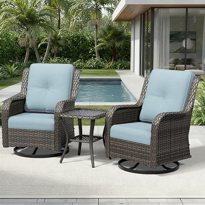 Joyside 3 Piece Wicker Patio Furniture Set, Outdoor Swivel Rocker Patio Chairs with High Back, Deep Seating, Wide Armrest, Thickened Cushions, Outdoor Furniture for Deck, Porch Use