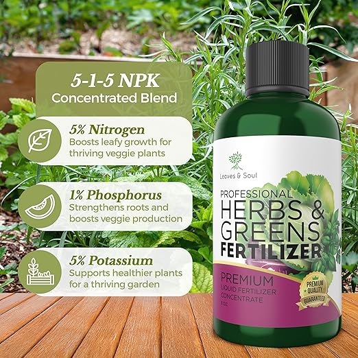 LEAVES AND SOUL Professional Liquid Herbs and Greens Fertilizer | 5-1-5 Concentrate, Liquid Plant Fertilizer for Garden, Healthy Produce, Good Harvest, Multi-Purpose Blend & Gardening Supplies | 8 oz