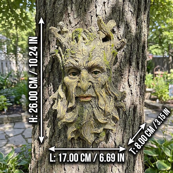 10.3" Whimsical Tree Face Sculpture, Garden Peeker Statue, Outdoor Trunk Tree Huggers Art, Landscape Accent Ornament, Hanging Fairy Elve Figurine for Yard Art, Trees Decor Wall Mounted Statues