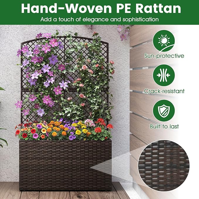 HAPPYGRILL Raised Garden Bed with Trellis, Wicker Planter Box w/Privacy Screen, Liner, Drainage, Outdoor PE Rattan Elevated Garden Bed for Climbing Plant Vine Flower (1, Brown, 29" x 11" x 49")