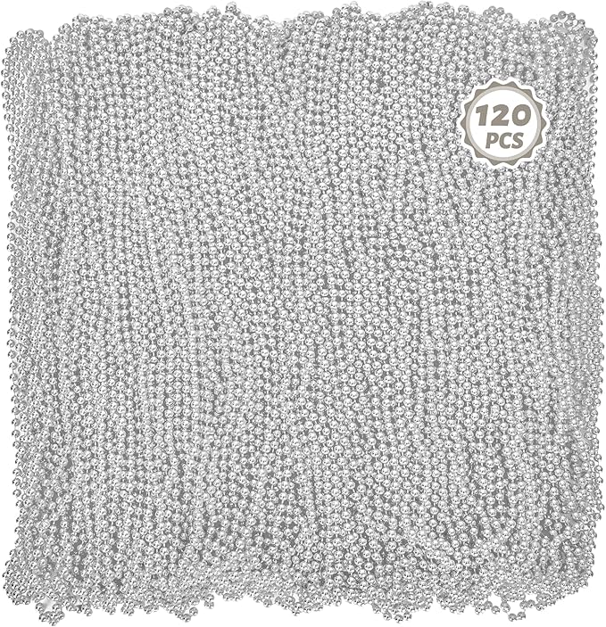 Mardi Gras Beads Necklaces, 120PCS Bead Necklace, 33 IN Mardi Gras Beads, Silver Party Beads, Parade Throws Bulk for Christmas Pirate Wedding Birthday Party Favors Supplies Decor