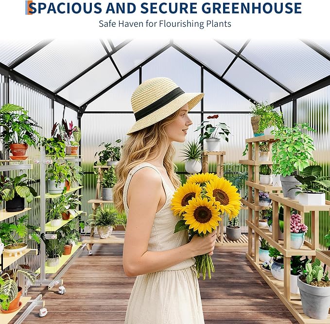 GarveeHome 6 x 6 FT Polycarbonate Greenhouse, Winter Greenhouses for Outdoors with Aluminum Frame, Sliding Door, Adjustable Roof Vent, Backyard Green Houses, Patio Garden, Black