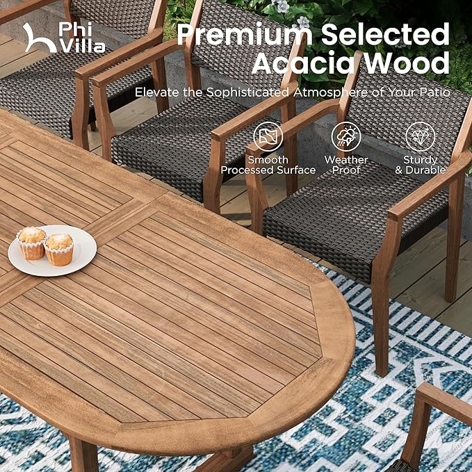 PHI VILLA Outdoor Acacia Wood Chairs Set of 4, Heavy-Duty Dining Armchairs with Wicker Back & Seat, Farmhouse Style Teak Seating Furniture for Patio, Deck, Yard, Balcony, Garden