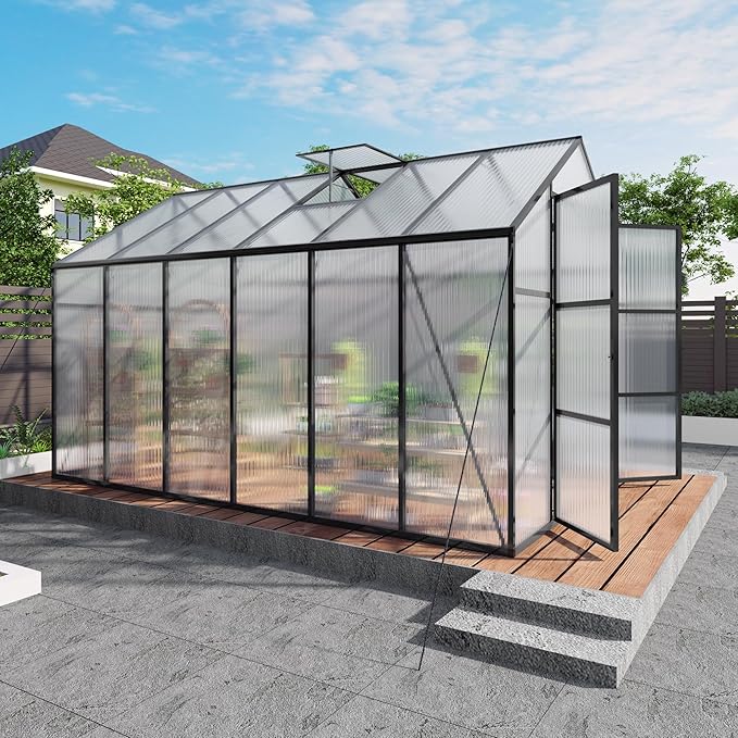 8x12T Greenhouse,Outdoor Polycarbonate Greenhouse with Roof Vent & Drainage System,Heavy Duty Aluminum Walk-in Green Houses for Outside Garden Backyard,Easy Assembly,Black