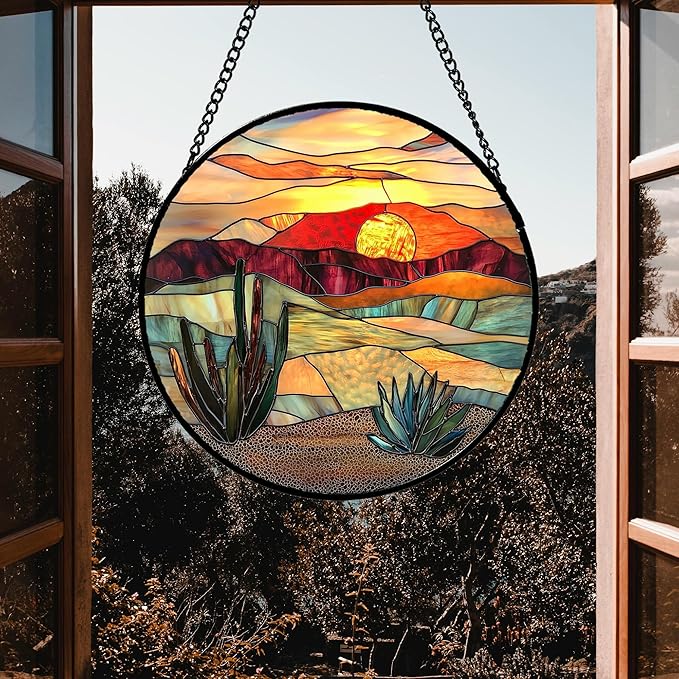 Stained Glass Window Hanging, Desert Scenery Lake Suncatcher for Doors Window Home Tan Tree Sun Catchers Decoration Mother's Day Birthday Gifts for Women, Men, and Mom 6.3 in