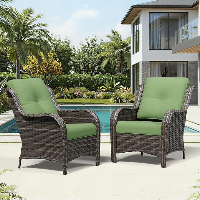 Joyside Patio Chairs Set of 2, Wicker Patio Furniture with High Back, Deep Seating, Wide Armrest, Thickened Cushions, Outdoor Rattan Furniture for Deck, Porch Use