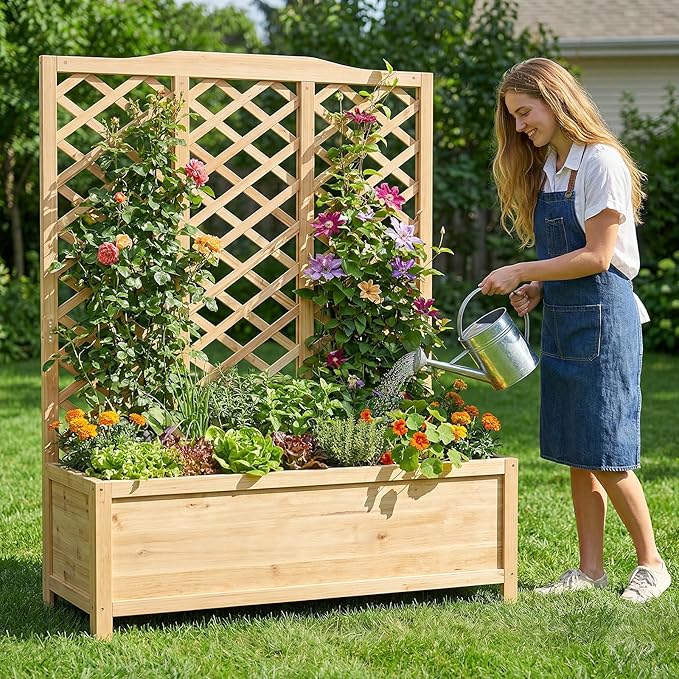 Wooden Raised Garden Bed with Trellis, Freestanding Planter Box with Drainage for Vines Climbing Plants Flowers Herbs, Elevated Gardening Planter for Backyard Balcony Patio