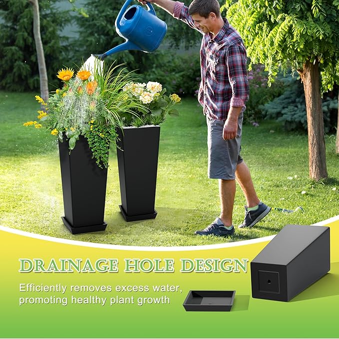 TUYOHW Set of 2 Large Tall Planter for Indoor or Outdoor 24" Flower Pots Tapered Tall Planters with Tray for Porch, Patio, Backyard, Large Planters for Outdoor Indoor Plants(Black)