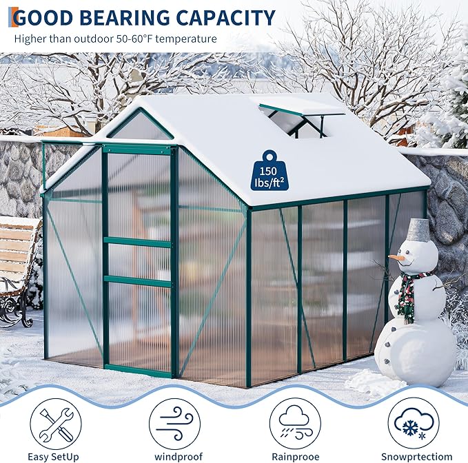 CABIHOME 6 x 8 FT Greenhouses for Outside, Polycarbonate Greenhouse with Aluminum Frame, Sliding Door, Adjustable Roof Vent, Backyard Green Houses, Patio Garden, Green