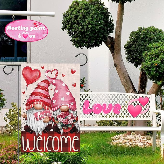 Valentines Day Gnomes Garden Flag 12x18 Inch Double Sided，Flower Love Hearts Welcome Small Burlap Yard Flag for Home Outside Holiday Decoration