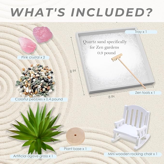 Cularve Zen Garden for Desk – White Modern Style with Healing Crystals and Sand Rake, Perfect for Home, Office, and Desktop Decor, Meditation and Stress Relief