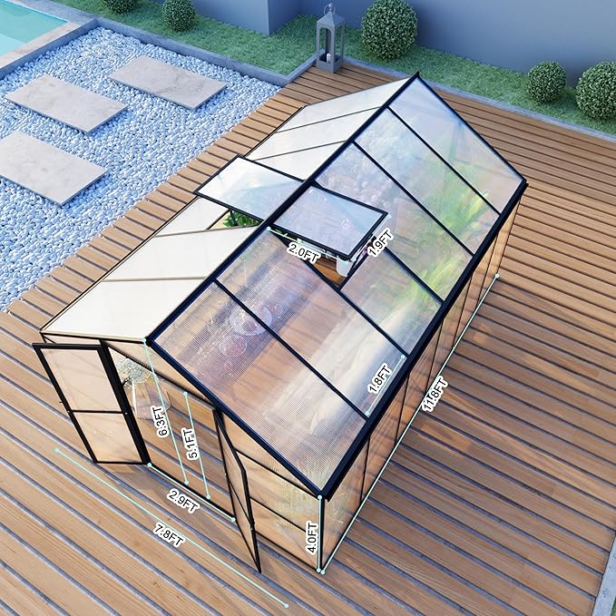 8X12 FT Polycarbonate Greenhouse, 6 FT Height Aluminum Large Green Houses for Outside Heavy Duty, Quick Setup Walk in Greenhouses with 2 Roof Vent and Rain Gutter for Outdoor, Black (143"Wx96"Dx77"H)