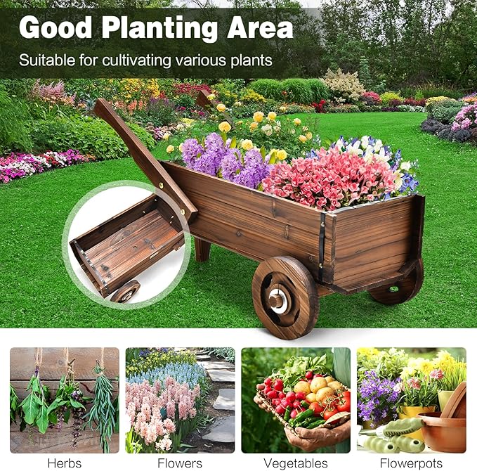 Giantex Wooden Wagon Planter Box, Decorative Wagon Cart with Wheels, Handles, Drainage Hole, Flower Planter Pot Stand, Rustic Flowerpot Planter, Indoor & Outdoor Garden Patio Balcony