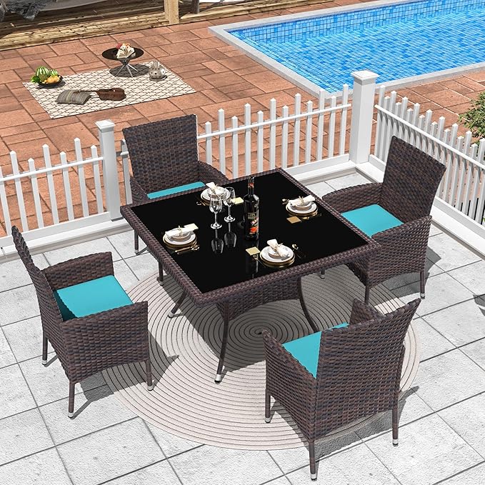 5 Piece Outdoor Dining Set,Rattan Patio Conversation Set of 4 Chairs,Patio Dining Table and Chairs w/Cushions,Square Glass Tabletop,Umbrella Cutout for Patio,Blue