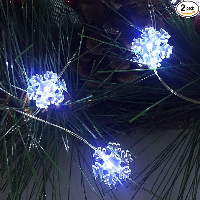 2 Pack Battery Operated Mini Snowflake Led Fairy Lights with Timer 6 Hours on/18 Hours Off for Wedding Party Decoration,30 Count LEDs,10 Feet Silver Wire (Cold White)