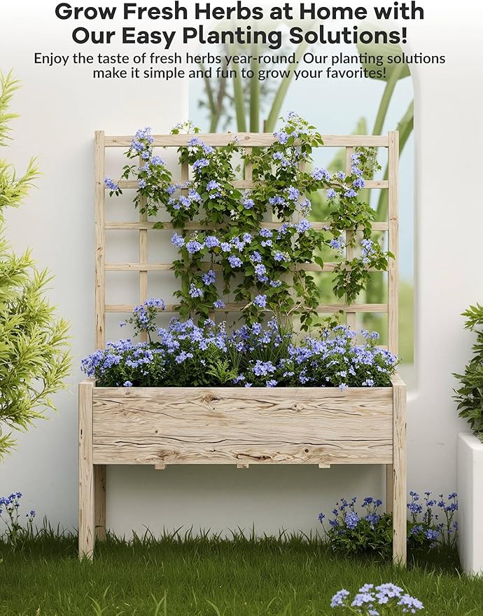 GarveeLife Raised Garden Bed with Trellis, Wood Elevated Planter Box Stand with Leg and Black Planter Liner, Standing Raised Planter Box for Climbing Flower Vegetable Herb