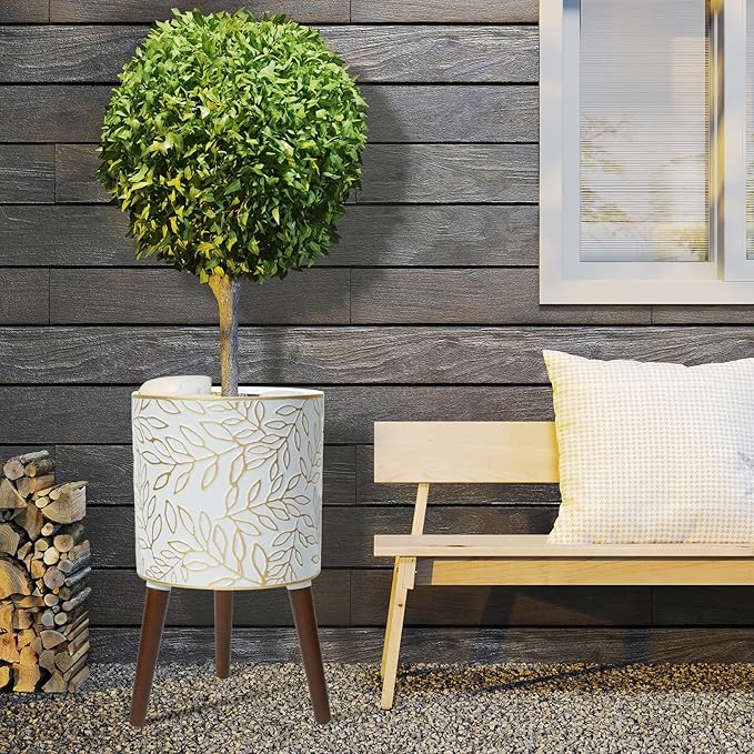 Opnons 12inch Plant Pots with Wood Planter Holder Indoor Flower Pot with Gold Floral Embossed Modern Planters with Drainage Holes for Living Room, Office, Garden or Balcony
