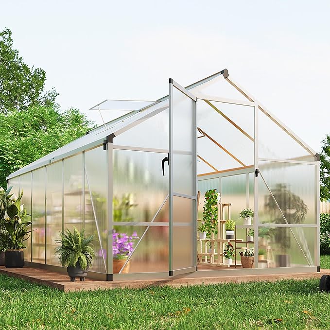 8 X 12 FT Greenhouse, Outdoor Greenhouses, Polycarbonate Panels with Aluminum Frame, Adjustable Roof Vent and Lockable Door, Green Houses for Outside Backyard, Garden, Patio