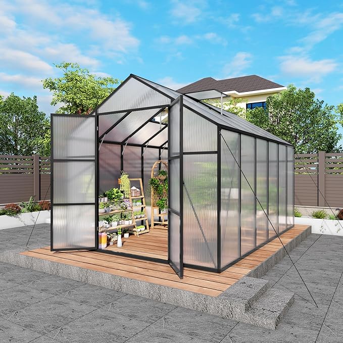 8x12T Greenhouse,Outdoor Polycarbonate Greenhouse with Roof Vent & Drainage System,Heavy Duty Aluminum Walk-in Green Houses for Outside Garden Backyard,Easy Assembly,Black