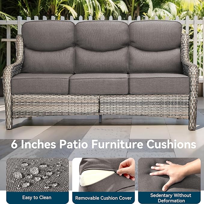 Luxury High Back Outdoor Furniture with 6-Inch Thick Cushions, Patio Furniture Set with Swivel Chairs, 5 PCS Wicker Conversation Set for Porch, Balcony, Deck and Yard