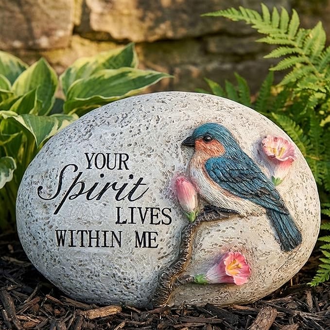 Bluebird Memorial Garden Stone Decoration,Sympathy Gift for Loss of Loved One,Outdoor Tribute Plaque with "Your Spirit Lives Within Me" Engraving,Spirit inspirational Memorial blue bird figurine