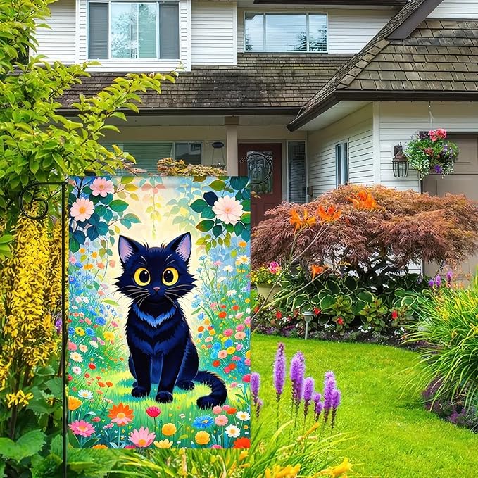 Spring Garden Flags 12x18 Double Sided Spring Garden Flags For Outside Decor Black Cat with Colorful Flowers Backdrop Seasonal Outdoor Decoration Springs Banner For Home