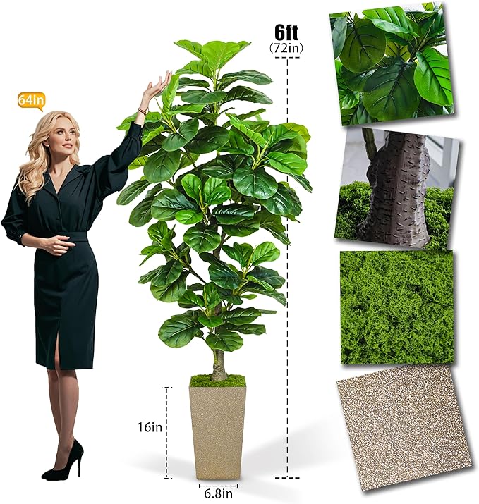 KOPWVA Artificial Fiddle Leaf Fig Tree 6ft, 6 Feet Large Tall Fake Plants Indoor with Modern Style Planter, Artificial Silk Tree for Home Office Living Room Decor Indoor, Lifelike & Lush (Champagne)