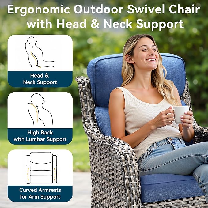 Luxury High Back Outdoor Furniture 6-Inch Thick Cushions with 50,000 BTU Gas Propane Fire Pit Tablet, Patio Furniture Set with Swivel Chairs, 6 PCS for Porch, Balcony, Deck and Yard