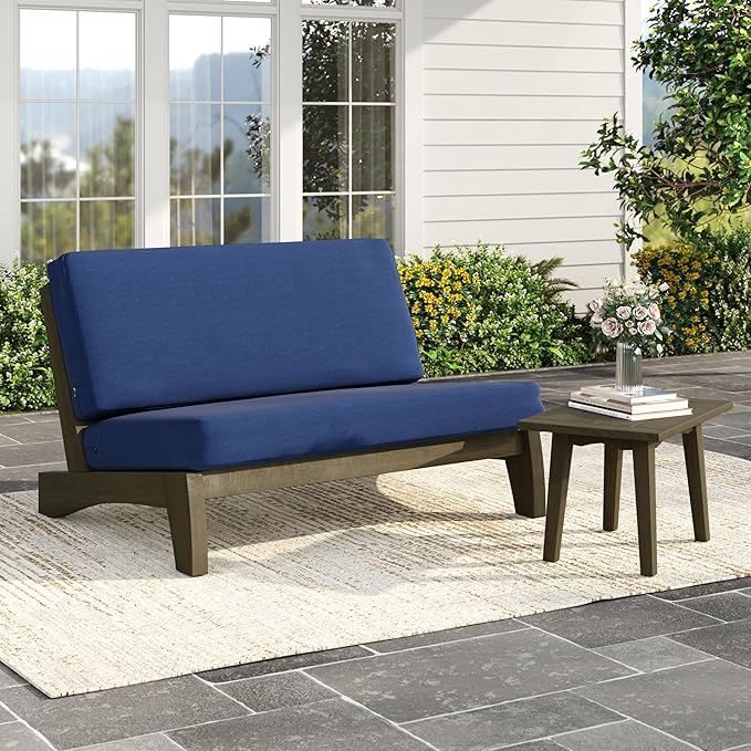 Patio Loveseat, Outdoor Wooden Bistro Set, All Weather Conversation Solid Wood Loveseat with Soft Cushions for Porch Balcony Deck Backyard