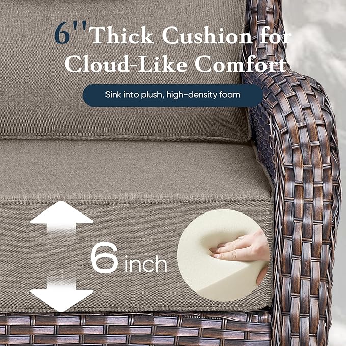 Belord Luxury 6" Thick Cushioned Outdoor Swivel Rocker Chairs Set of 4 with Fire Pit Table, High Back Wicker Patio Furniture Set with Ergonomic Zone Back, Conversation Set for Deck Porch - Brown+Grey